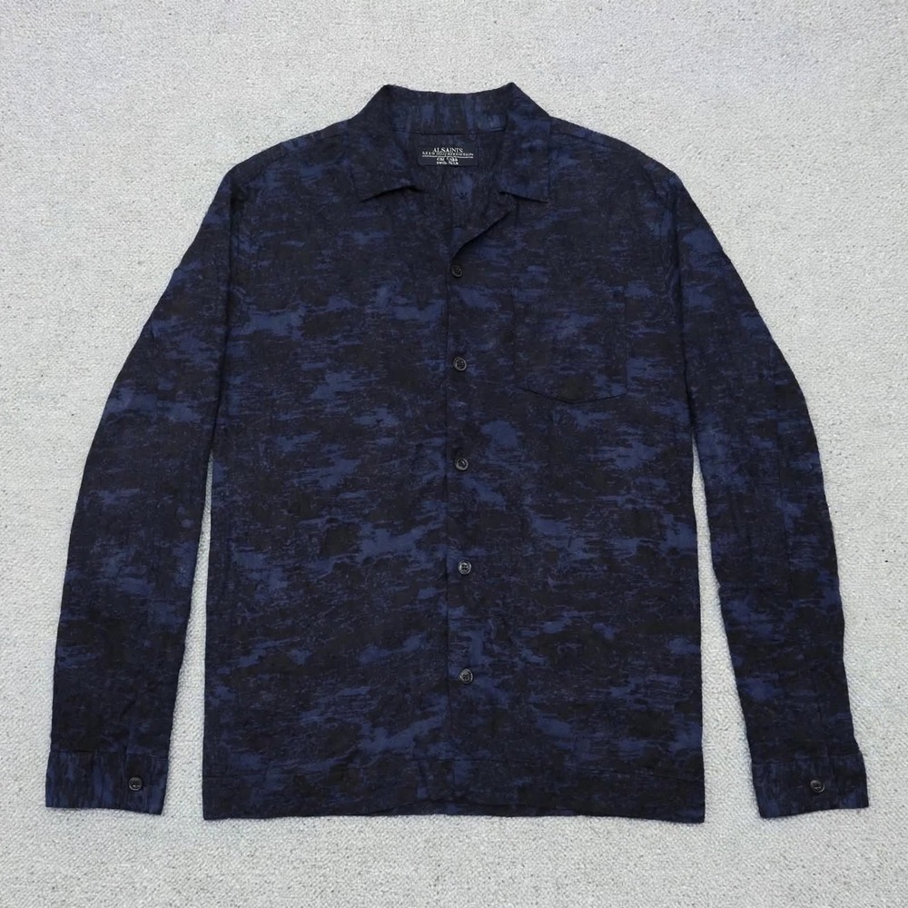 AllSaints Fayette Mens L Shirt Navy Black Abstract Camo Print Long Sleeve Cotton